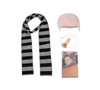(As show, One size) 4pcs Despicable Me Gru Cos Kits Fake Nose Bald Cap Halloween Costume Accessories Black Gray Striped Scarf Cospl