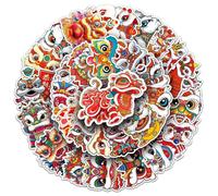 (As show, One size) 50 Chinese style lion dance cartoon stickers, lion awakening, national trend, New Year greeting stickers, big hand book, Gu card decoration, waterproo