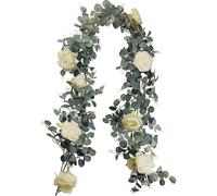 (As show, One size) Artificial Eucalyptus Garland with Champagne Roses Ivy Greenery Leaf Garland Plants Vine Foliage Flowers Hanging for Wedding Party Garden Home Wall De