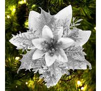 (As show, One size) Artificial Poinsettia Christmas Flowers Decorations Glitter Christmas Flowers Christmas Picks Tree Wreaths New Year Wedding Party Ornaments (Silver)
