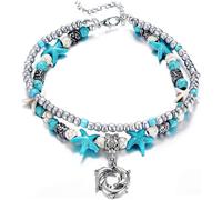 (As show, One size) Blue Starfish Turtle Anklet Multilayer Charm Beads Sea Handmade Boho Anklet Foot Jewelry for Women Girl C:Dolphin -