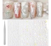 (As show, One size) Butterfly White Flower Nail Art Sticker,5D Exquisite Embossed Feather Chrysanthemum Hollow Nail Art Decoration Nail Art Supplies Self-Adhesive Carving