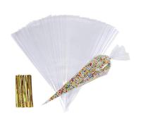 (As show, One size) Candy Bag, 100 Clear Plastic Cone Pockets 16*30cm WITH 100 Twist Ties, Cellophane Packing, Suitable for Candy, Cookies, Gifts, Wedding and Party Packi