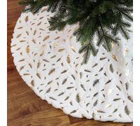 (As show, One size) Christmas Tree Skirt White, 36 Inch gold Sequin Feather Tree Skirt, Xmas Plush Tree Mat for Holiday Party Indoor Decorations
