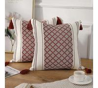 (As show, One size) Cushion and Cushion Cover Set of 2 Bohemian Cotton Knitted Decorative Cushion Covers with Rust and White Tassel, Modern Accent Farmhouse Classic Jacqu