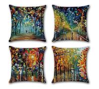 (As show, One size) Cushion Cover, Set of 4 Cotton and Linen The Painting Maple Path Pattern Decorative Pillow Case Decoration 45 x 45 cm for Sofa Bedroom Home, Oil Canva