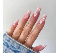 (As show, One size) Daisy Press on Nails Medium Length Fake Nails Acrylic French Ballet White Daisy Exquisite Design Nails for Women and Girls 24Pcs White Daisy.Note:No g