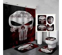 (As show, One size) Death skeleton Halloween Shower Curtain Sets, Generic 71 Inch X 71 Inch Halloween Bathroom Decorations Set -Shower Curtain with Rugs,Toilet Lid Cover,