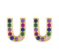 (As show, One size) Earrings Post Rainbow Cubic Zirconia Gold Plated 26 Letter Initial Earrings for Girls Women --- U