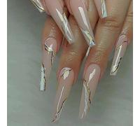 (As show, One size) Extra Long Coffin Fake Nails, 24Pcs Gold & White Swirl False Nails, Glossy Full Cover Nude Acrylic Nails for Women and Girls.Note:No glue.