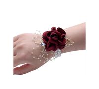 (As show, One size) Girls bridesmaid wrist corsage bridal silk wrist flowers with faux pearl beads stretch wrist(Burgundy)