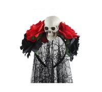 (As show, One size) Halloween Day of the Dead Headband and Veil, Mexican Skull Red Rose Hairband Halloween Floral Headband Women Ladies Adults Halloween Headband Fancy Dr