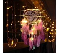 (As show, One size) Handmade Bohemian Style Heart Dream Catcher Romantic Decoration (Dark Pink, With Lights)