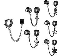 (As show, One size) Heytea 6Pcs Cuff Chain Earrings for Men Women,Punk Vintage Ear Cuffs Tassel Hoop Earrings Set Stainless Steel Cross Skull Dangle Hinged Hoop Earrings