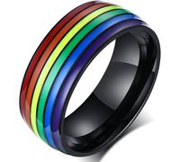 (As show, One size) Heytea 8mm Stainless Steel Enamel Rainbow Pride Ring for Lesbian & Gay Q Pride Wedding Engagement Band - -