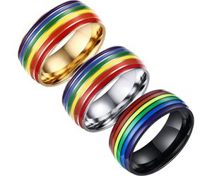 (As show, One size) Heytea 8mm Stainless Steel Enamel Rainbow Pride Ring for Lesbian & Gay Q Pride Wedding Engagement Band - -