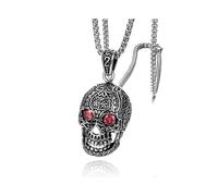 (As show, One size) Hollow Skeleton Gothic Skull Pendant Stainless Steel Necklace for Men W. Red Crystal Eyes,Silver Color