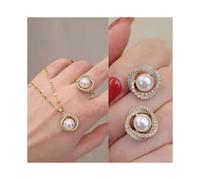 (As show, One size) Korean version natural pearl necklace collarbone titanium steel earrings ring necklace set of three