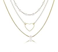 (As show, One size) Ladies Fashion Pendant Necklace Multilayer Necklace Pearl Heart Three Layer Necklace Simple Handmade Jewelry