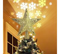 (As show, One size) Lighted Christmas Tree Toppers with LED Rotating Snowflake Projector Lights, 2-in-1 Gold Glittered Star Tree Topper Snowfall LED Lights for Xmas Tree