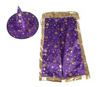 (As show, One size) Little Girl Witch Wizard Cloak Hat Set Shiny Star Pattern Suitable for Halloween Role Playing