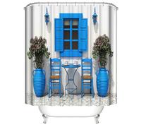 (As show, One size) Navy Blue and White 180 x 180 cmDecorative Shower Curtain Travel Traditional Greek Design Vacation Summer House Flowers Window Fabric Decor Bathroom w