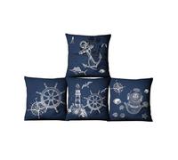 (As show, One size) Ocean Theme Square Pillow Case Mediterranean Style Decorative Cotton Linen Throw Coastal Cushion Cover Sets 18 X 18 Inch Pillow Covers, 4 Pack Nautica