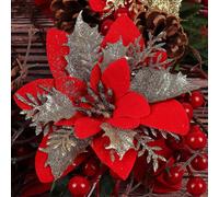 (As show, One size) Other Decoration for Christmas 10 Pcs Artificial Poinsettia Flowers Christmas Glitter Red Gold 15cm Christmas Wreath Christmas Tree Flower Ornaments H