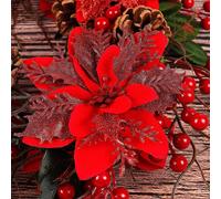 (As show, One size) Other Decoration for Christmas 10 Pcs Artificial Poinsettia Flowers Red Christmas Glitter 15cm Christmas Wreath Christmas Tree Flower Ornaments Holida