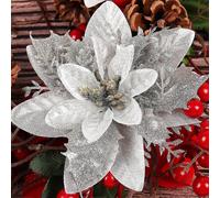 (As show, One size) Other Decoration for Christmas 10 Pcs Silver Christmas Glitter Artificial Poinsettia Flowers 15cm Christmas Wreath Christmas Tree Flowers Ornaments Ho