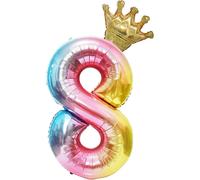 (As show, One size) Other Garden Decorative 100cm Rainbow Number 8 Balloons with Detachable Crown Colorful Digital Helium Foil Birthday Decorations for Birthday Party, We