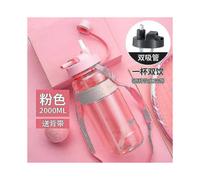 (As show, One size) (Pink 2000ml)Water bottle large capacity plastic water with straw men and women outdoor portable