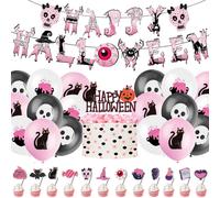 (As show, One size) Pink Skull Balloon Halloween Theme Party Black Cat Banner Pull Flag Cake Topper Exhaust Balloon Insert Decoration