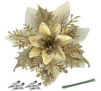 (As show, One size) Poinsettia Artificial Christmas Flowers Decorations Glitter Xmas Flowers Christmas Picks Tree Wreaths New Year Wedding Party Ornaments (Golden)