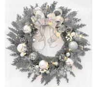 (As show, One size) Prelit Christmas Wreath With White Bow And Ball Ornaments, 20 Inch Christmas Wreath With Lights For