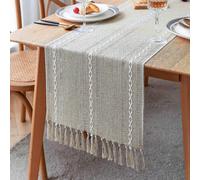 (As show, One size) Rustic Linen Table Runner, (Brown, 33*160cm) Handmade Pom Poms, Farmer Style, for Party and Restaurant Decoration