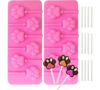 (As show, One size) Set of 2 Paw Lollipop Molds, 6-Cavity, Silicone Paw Molds Chocolate Hard Candy Jelly Fondant Mould with 12pcs Sucker Sticks - Pink