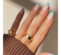 (As show, One size) Short Press on Nails French Oval Fake Nails Tips Acrylic Full Cover Blue False Nails for Women and Girls24PCS.Note:No glue.
