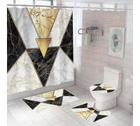(As show, One size) Shower Curtains with Bath Rugs Non-Slip Soft Toilet Lid Cover for Bathroom Four-Piece, Waterproof Home Tub Curtains Sets, Luxurious geometric pattern