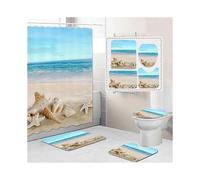 (As show, One size) Shower Curtains with Bath Rugs Non-Slip Soft Toilet Lid Cover for Bathroom Four-Piece, Waterproof Home Tub Curtains Sets, marine style Shell Beach 3D