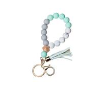 (As show, One size) Silicone Key Ring Bracelet Wristlet Keychain Unique Beaded Bangle Key Chains with Leather Tassel Anti-lost key ring(Lake Blue)