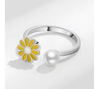 (As show, One size) small Daisy Rotating Ring Female Design Sense Small Daisy Flower Pearl Ring Creative Oil Drop Jewelry Female, White Gold, Yellow Flower
