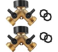 (As show, One size) Solid brass body two-way Y valve garden hose connector diverter+additional 4 rubber hose washers with comfortable handle, 2 pack