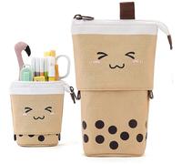 (As show, One size) Standing Pencil Case Cute Telescopic Pen Holder Kawaii Stationery Pouch Makeup Cosmetics Bag for School Students Office Women Teens Girls Boys (Brown)