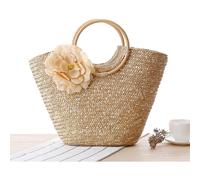 (As show, One size) Straw beach bag tote bag handwoven large flower rattan
