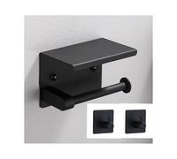 (As show, One size) Toilet Paper Holder with Phone Shelf +2 Towel Robe Hooks, Stainless Steel Wall Mounted Toilet Paper Roll Holder(Black), Double-Sided Adhesive No Drill
