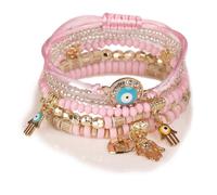 (As show, One size) vil Eye Bracelets Pack Crystal Bohemian Bracelet Set of 4 Beaded Mexican Bracelets Pack Mixed Hamsa Protection Stretch Bracelets Jewelry for Women Tee