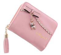 (As show, One size) Wallet for Girls, PU Leather Bifold Short Wallet Tassels Cute Cat Women Wallet Ladies Purse with Coin Pocket (PINK)