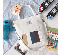 (As show, One size) White Vertical bar messenger spring canvas bag student class shoulders large-capacity canvas bag Korean version of the simple shoulder bag