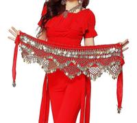 (As show, One size) Women's Sweet Bellydance Hip Scarf with Gold Coins Skirts Wrap Noisy Red One Size